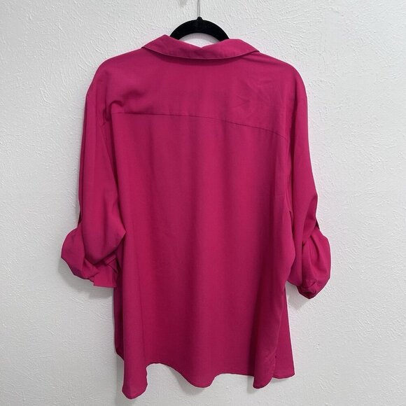 Calvin Klein Fuchsia Chiffon Blouse Pink Tassel Collared Neck Roll Tab Sleeve 3X - Picture 6 of 10